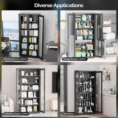 Lockable Display Cabinet with Glass Doors & 5 Adjustable Shelves, 71" Tall Black Metal Storage Cabinet Curio Liquor, Bookshelf Bookcase for Home Office Living Room Pantry Garage