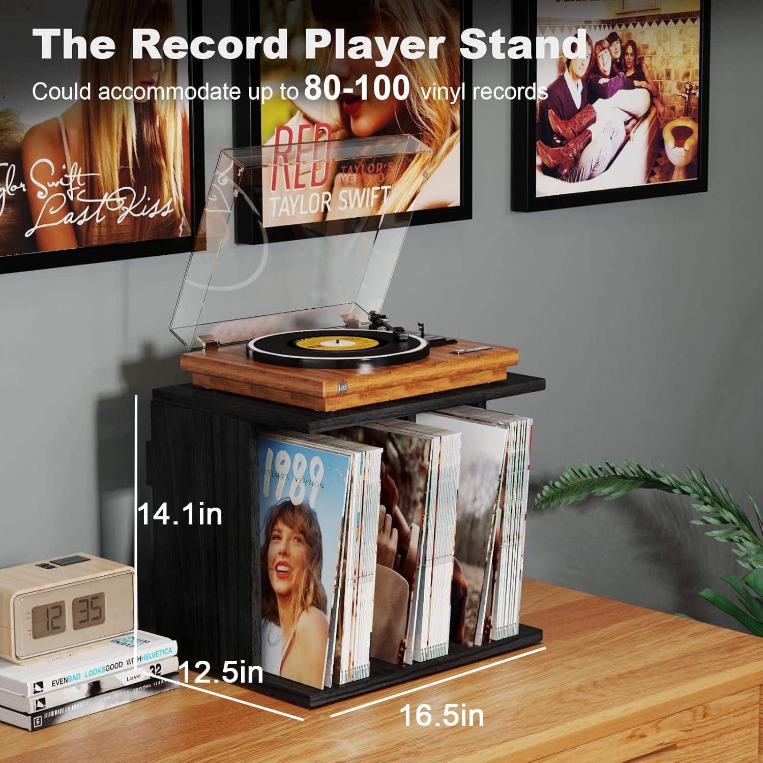 Vinyl Record Storage, Record Player Stand Wall Mount up to 80-100 Albums, 3-Compartment Vinyl Record Holder, Black