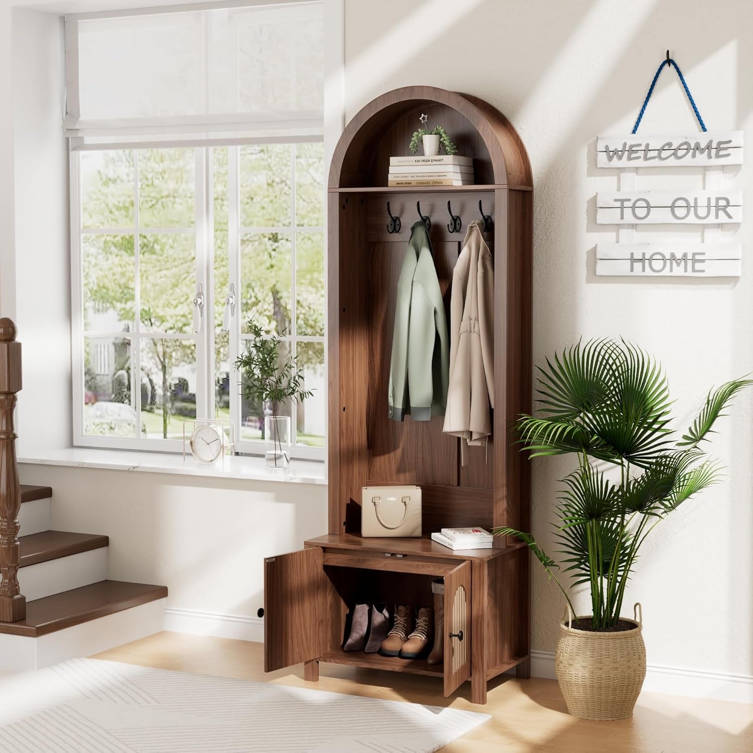 Hall Tree with Bench and Shoe Storage, 70.9" Farmhouse Entryway Storage Bench with 4 Hooks and 2 Fluted Doors, Arch Coat Rack Rustic Hall Cabinet Organizer for Hallway,Mud Room,Small Space