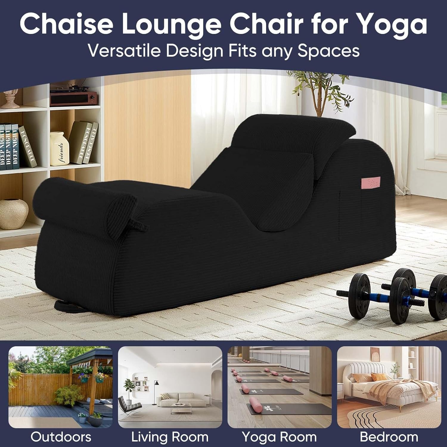 25" Wide Corduroy Yoga Chair, Yoga Lounge Chair for Adults, Chaise Lounge Chair Indoor/Yoga Lounger with Headrest, Waist Cushion, Movable Footrest, Side Pockets, High Density Sponge-Black