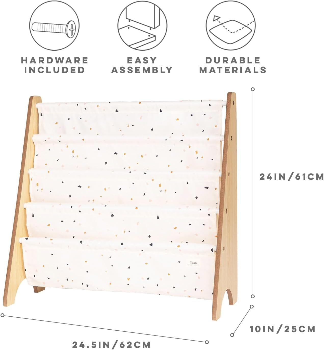 Recycled Fabric Kids Bookshelf – 4-Tier Sling Book Rack Organizer - Nursery Room Playroom Classroom Wooden Book Shelves - Kid Bookcase Wood Storage Shelf for Toddler Age 3+ - Terrazzo Cream
