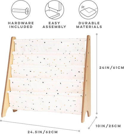 Recycled Fabric Kids Bookshelf – 4-Tier Sling Book Rack Organizer - Nursery Room Playroom Classroom Wooden Book Shelves - Kid Bookcase Wood Storage Shelf for Toddler Age 3+ - Terrazzo Cream