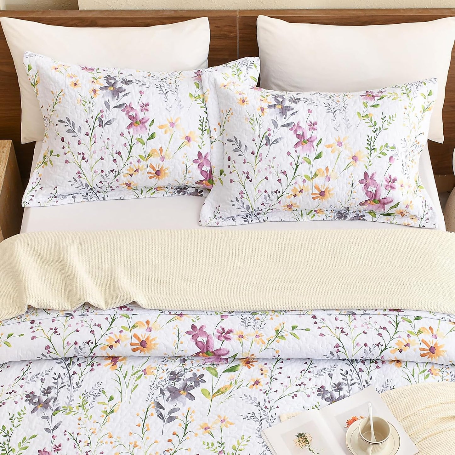 Cotton King Size Pillow Shams Set of 2 (20"X36"), Flowers Printed Pillow Covers Soft Breathable Envelope Closure Quilted Bed Pillows