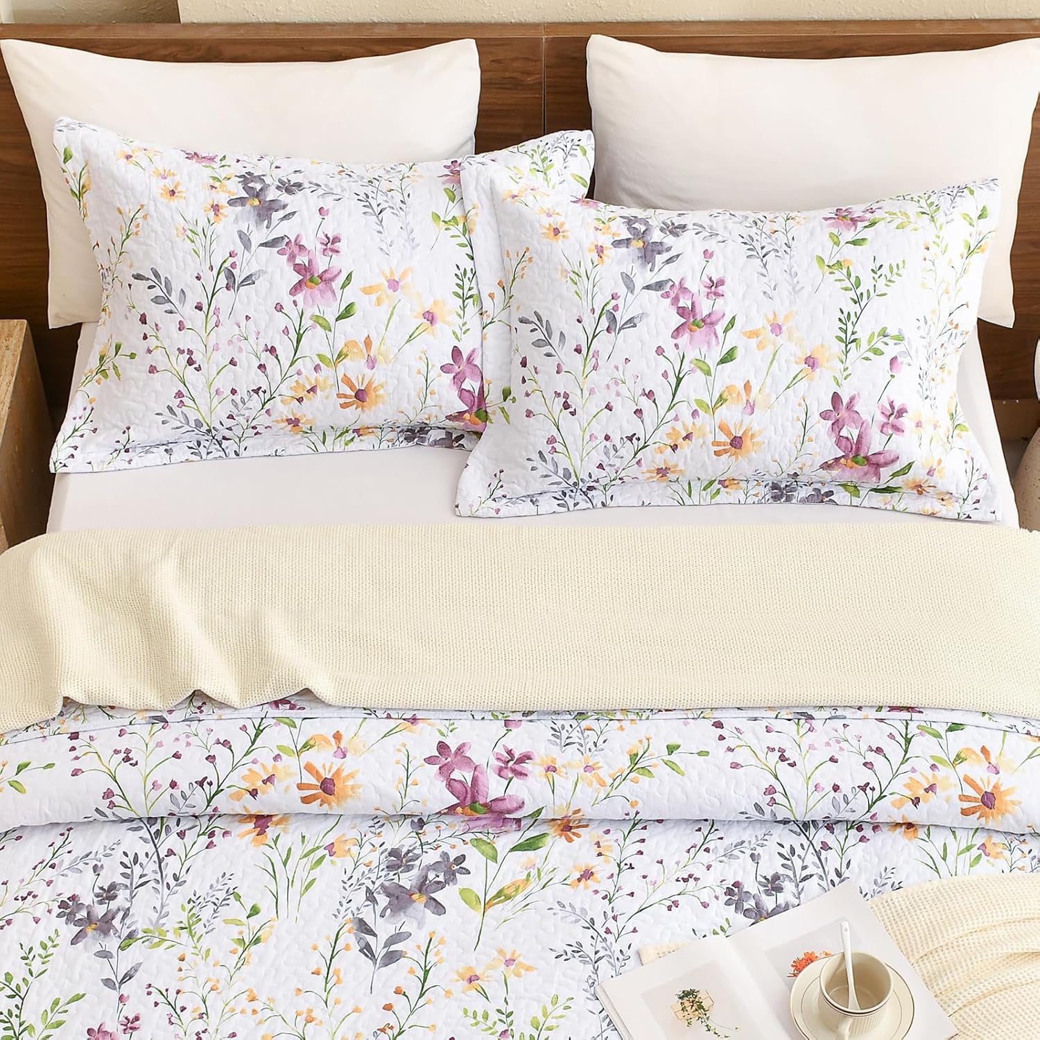 Cotton King Size Pillow Shams Set of 2 (20"X36"), Flowers Printed Pillow Covers Soft Breathable Envelope Closure Quilted Bed Pillows