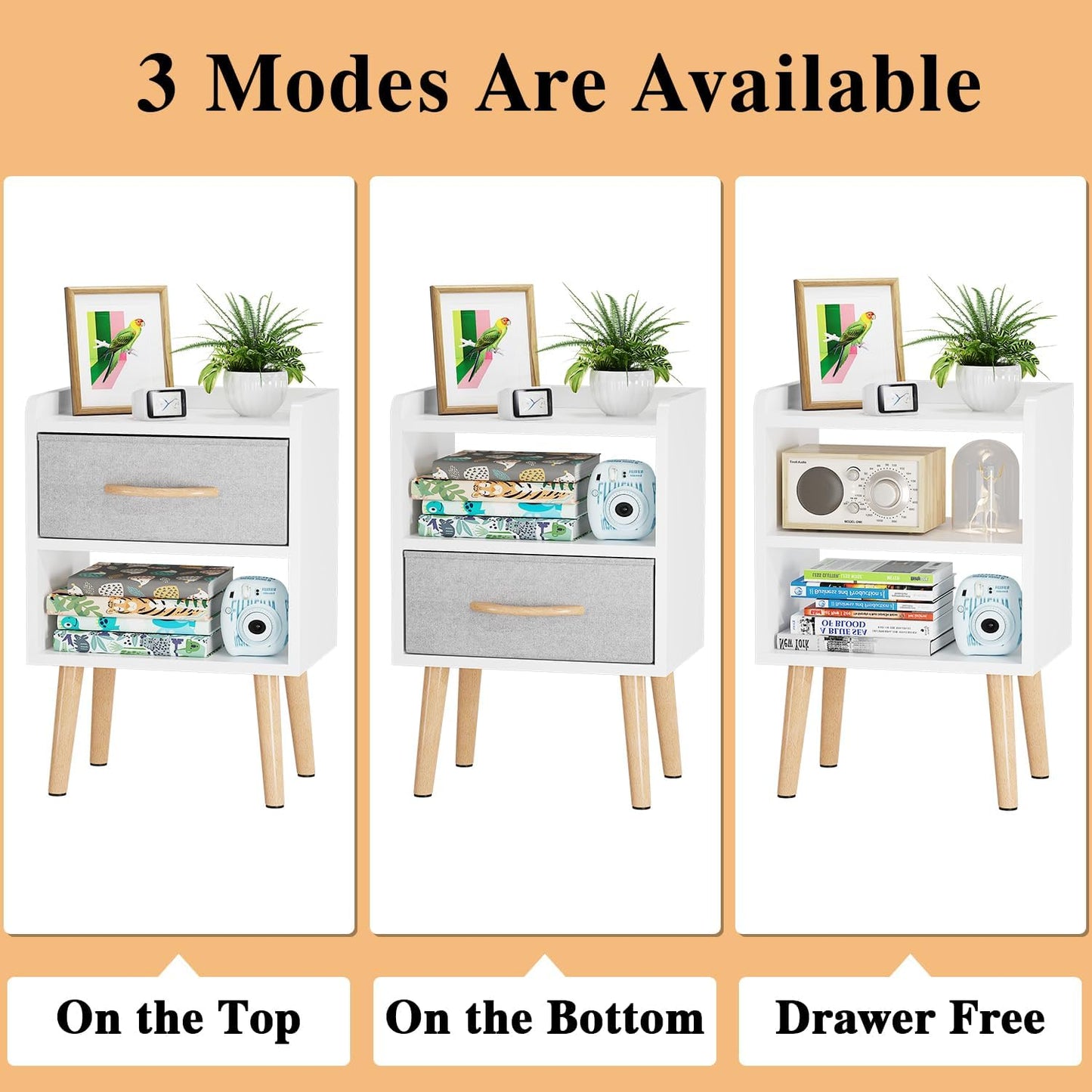 White Night Stand with Drawer, Mid Century Modern Bedside Table, Sturdy Wood Nightstand with Open Storage Shelf, Small Bedside Table for Bedroom, Kids Room & Small Spaces.
