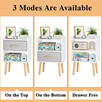 White Night Stand with Drawer, Mid Century Modern Bedside Table, Sturdy Wood Nightstand with Open Storage Shelf, Small Bedside Table for Bedroom, Kids Room & Small Spaces.