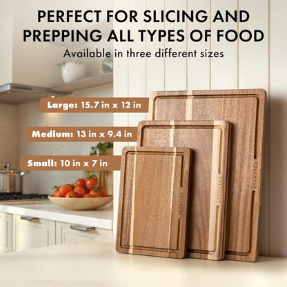 Acacia Wood Cutting Board for Kitchen, Non-Toxic Cutting Board Set of 3, Chopping Boards with Deep Juice Groove for Meat, Cheese & Vegetables - Durable & Double Sided with Serving Compartments