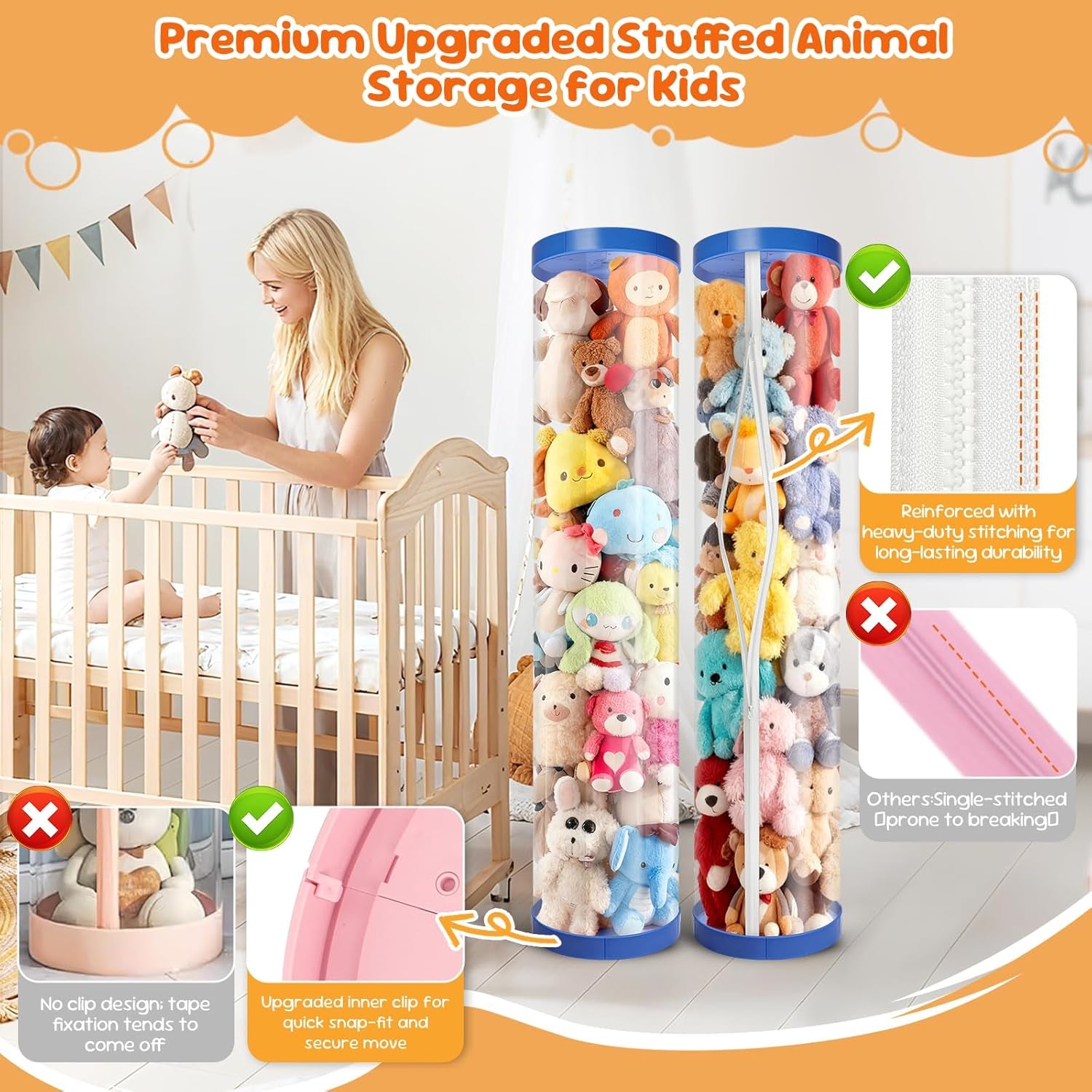 2 Pack Stuffed Animal Storage Tube - Clear 60 Inch Large Vertical Toy Organizer, PET Transparent Display Holder for Plushies, Kids Stuffed Animals Zoo for Playroom, Living Room, Bedroom