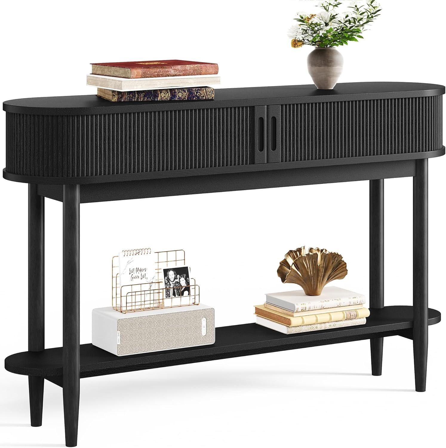 Fluted Console Table with Storage, Entryway Table Wood Entrance Tables for Front Door, behind Couch Sofa Table with Shelves, Foyer Tables for Hallways, Living Room (Black)