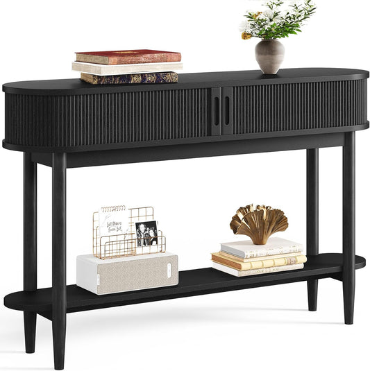 Fluted Console Table with Storage, Entryway Table Wood Entrance Tables for Front Door, behind Couch Sofa Table with Shelves, Foyer Tables for Hallways, Living Room (Black)