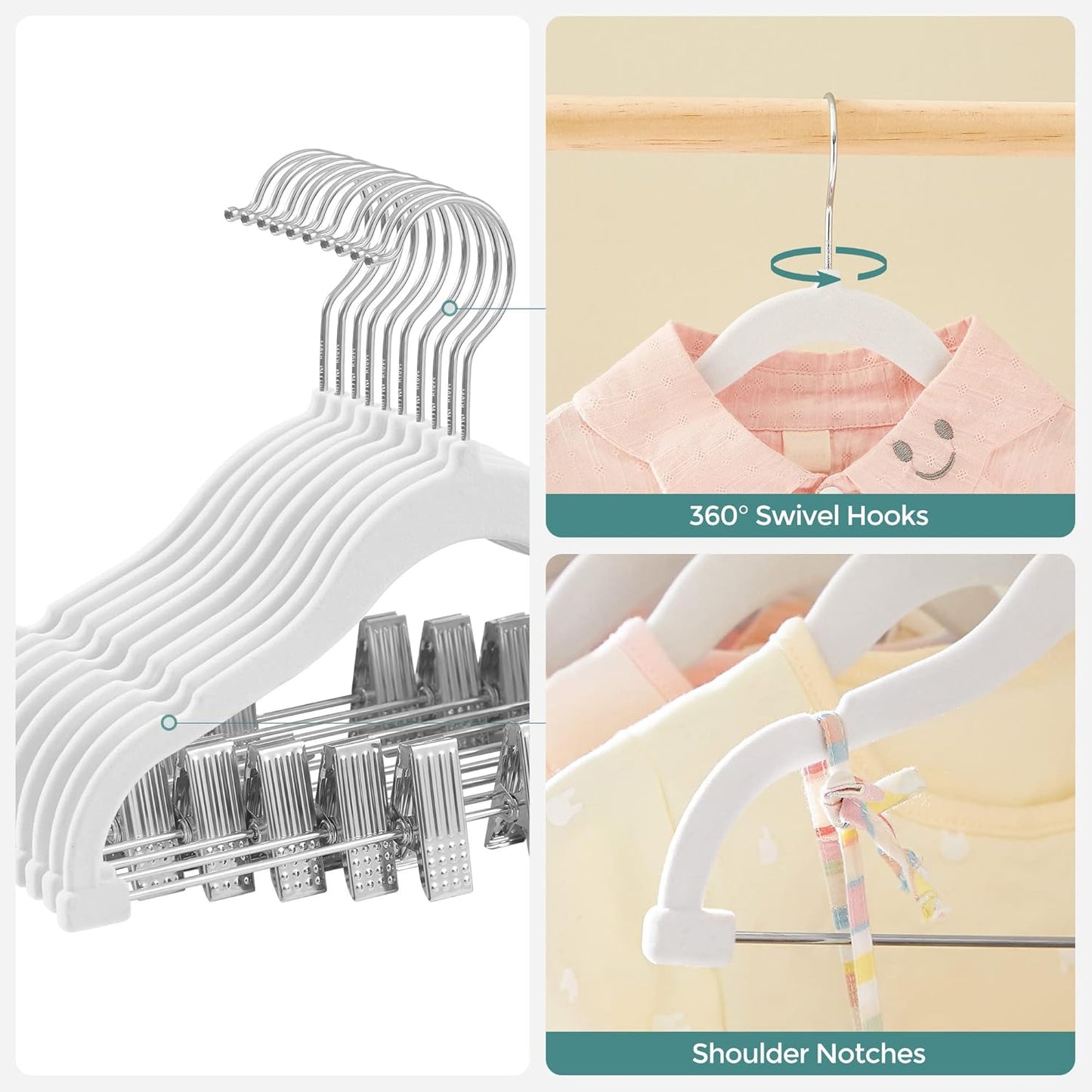 30 Packs Baby Pants Hangers with Clips, Kids Hangers with 6 Clothes Dividers, Non-Slip Children’S Clothes Hanger, White UCRF013W30