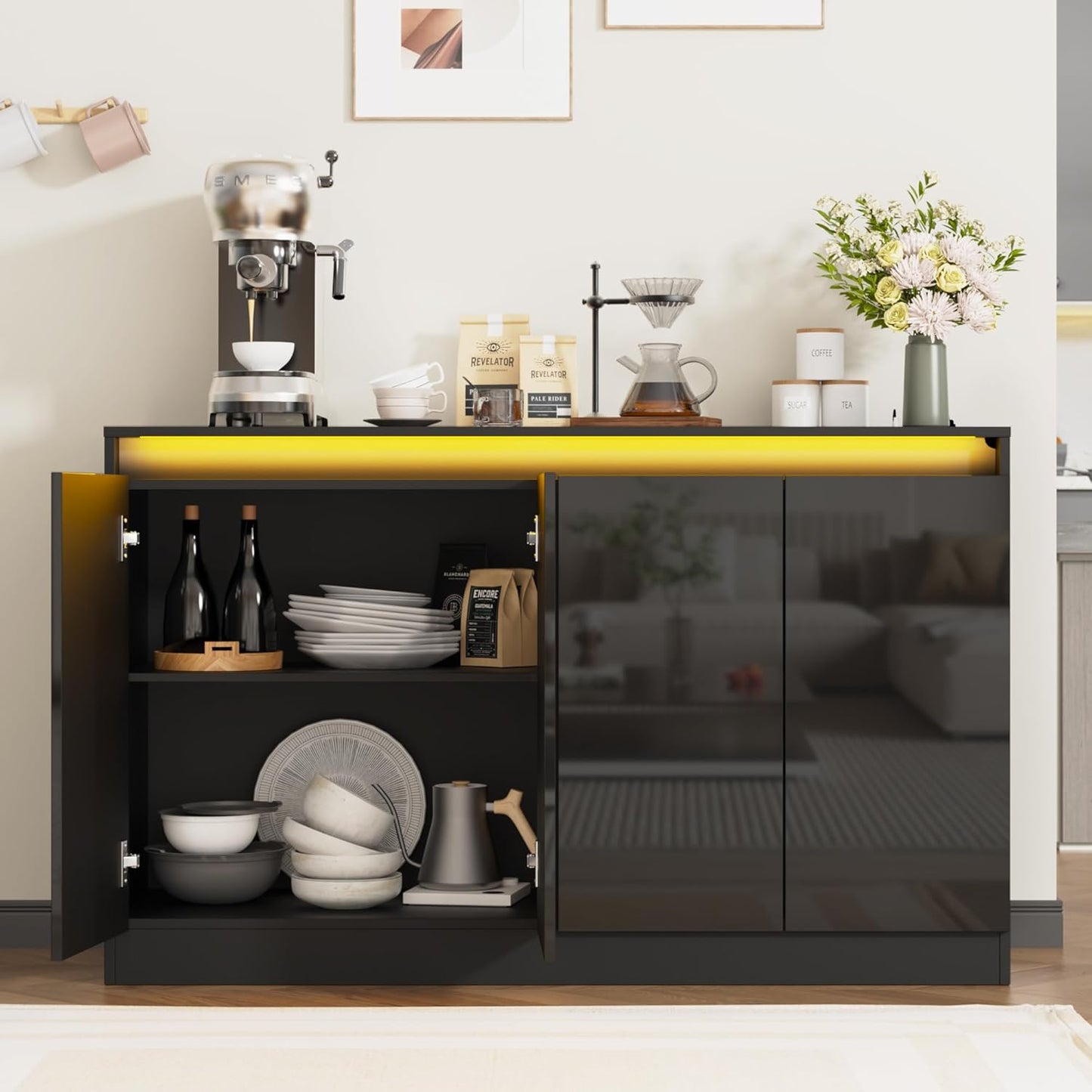51" W Buffet Cabinet with 4 Doors, High Gloss Sideboard Coffee Bar with LED Lights & Charging Station, Handless Modern Sideboard Storage Cabinet for Living Room, Entryway, Black