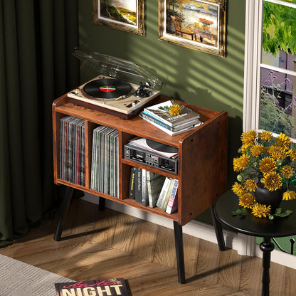 Record Player Table, Mid-Century Record Player Stand with Vinyl Storage Hold up to 150+ Albums, Vinyl Record Cabinet with Adjustable Shelves, Wood Turntable Stand for Music Living Room (Brown)