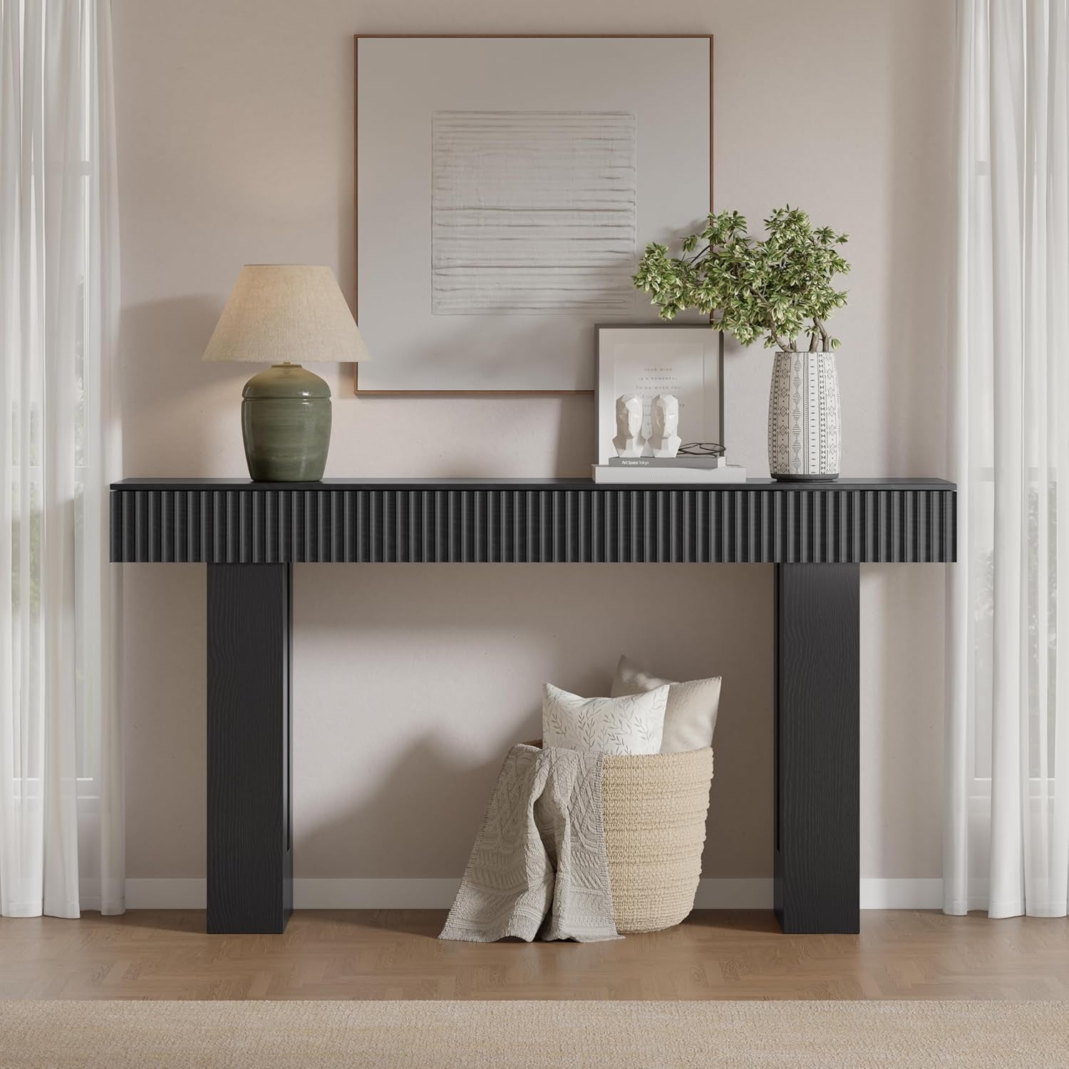 Farmhouse Entryway Table, 63" Long Fluted Console Table, Rustic Wooden Rectangular Sofa Table behind Couch, Modern Narrow Entry Table for Entrance, Hallway and Living Room, Modern Black