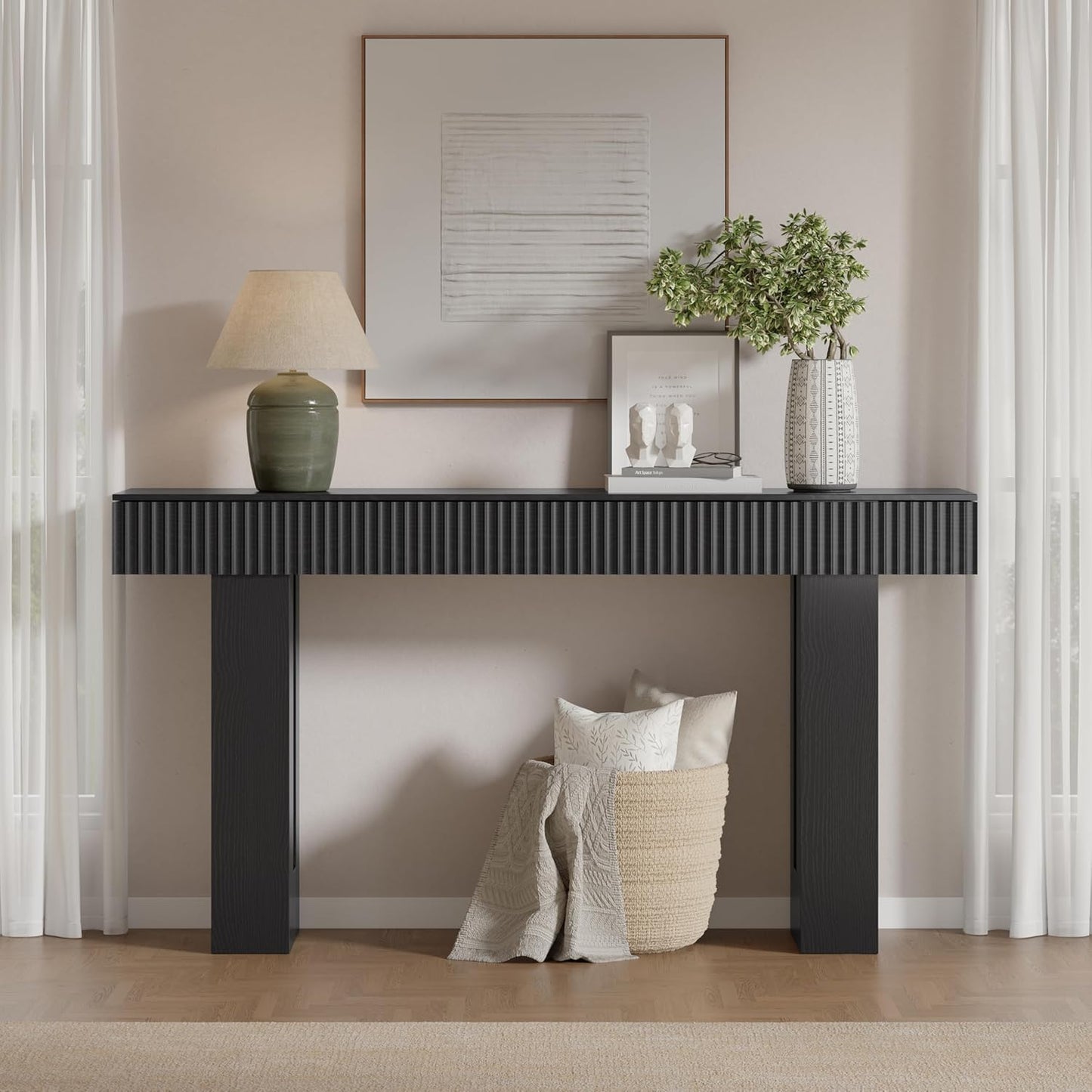 Farmhouse Entryway Table, 63" Long Fluted Console Table, Rustic Wooden Rectangular Sofa Table behind Couch, Modern Narrow Entry Table for Entrance, Hallway and Living Room, Modern Black