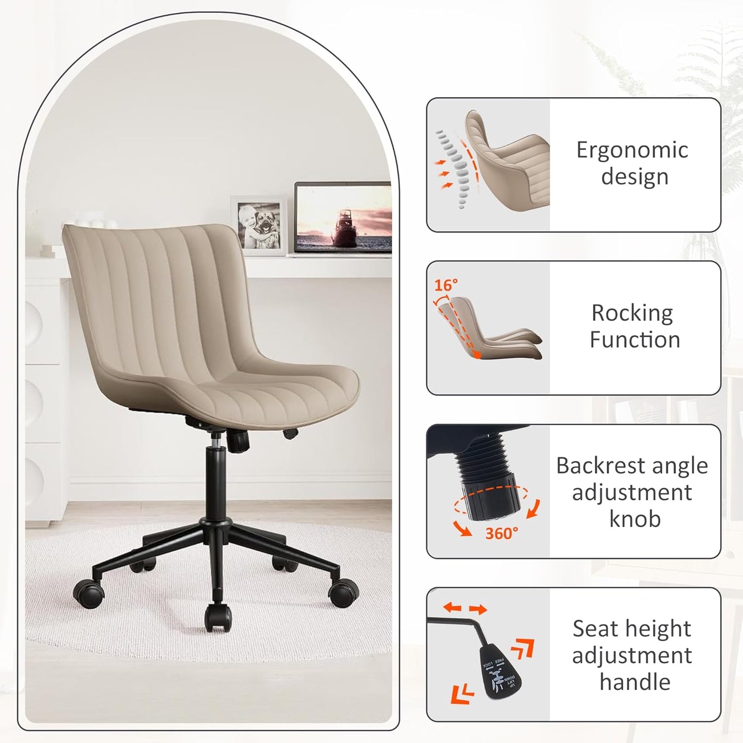 Khaki Leather Home Office Desk Chair with Wheels Modern Cute Armless Executive Swivel Vanity Chair with Comfy Padded Back Ergonomic Rolling Adjustable Computer Task Chair Small