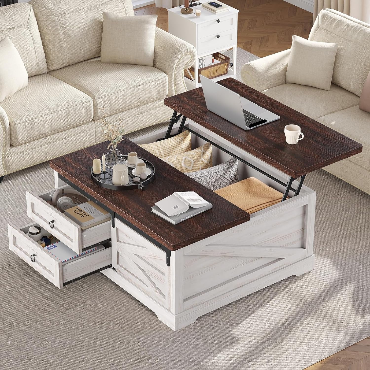 39.4'' Lift Top Coffee Table with Storage, Farmhouse Coffee Tables for Living Room, Square Coffee Table with Large Hidden Compartment & 2 Drawers & Adjustable Shelves, White