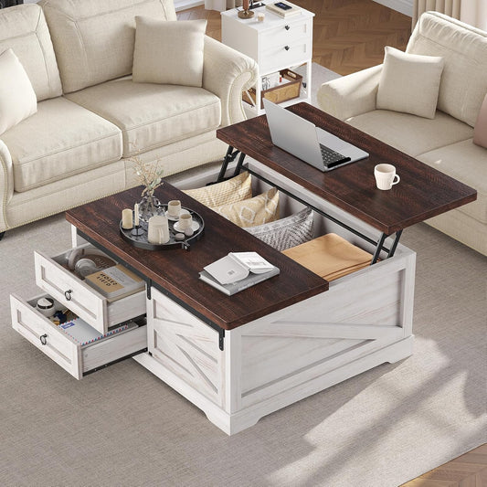 39.4'' Lift Top Coffee Table with Storage, Farmhouse Coffee Tables for Living Room, Square Coffee Table with Large Hidden Compartment & 2 Drawers & Adjustable Shelves, White