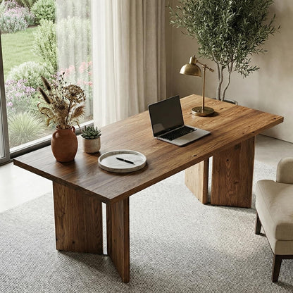 63" Long Large Wood Desks, Solid Wood Office Desk, Farmhouse Executive Computer Desk, Home Office Workstaticon, Work Writing Table, Rustic Brown