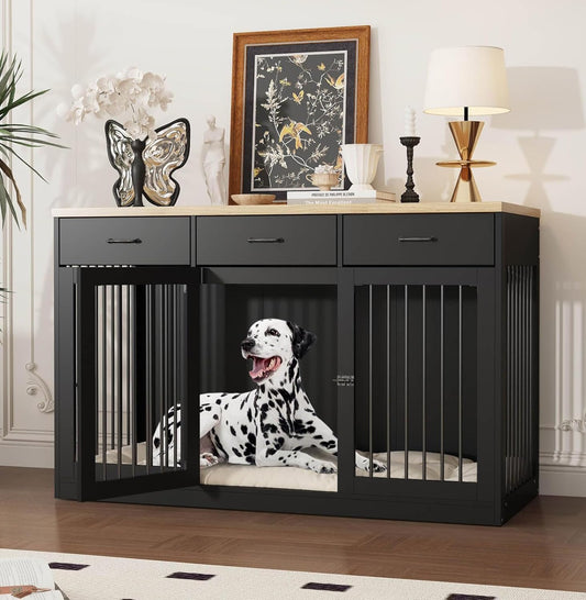 55.3" Extra Large Dog Crate Furniture, Heavy Duty Dog Kennel House with 3 Drawers, Indoor Modern Furniture Dog Crate Side End Table TV Stand for XL Large Medium Breed Dogs, Black