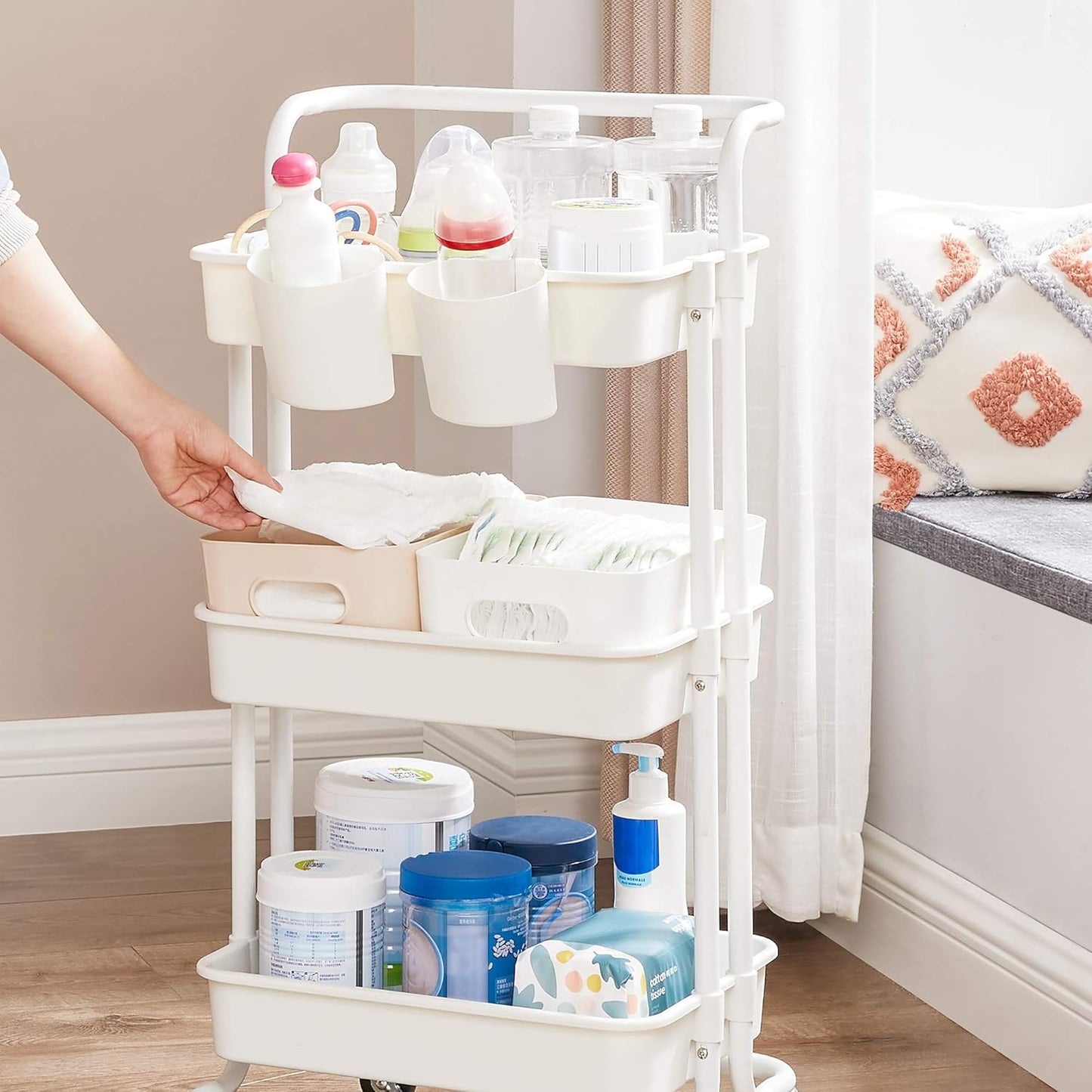 Rolling Cart, 3-Tier Storage Cart, Storage Trolley with Handle 2 Small Organizers, Steel Frame, Plastic Baskets, Utility Cart, Easy Assembly, for Bathroom Laundry Room, White UBSC067W01