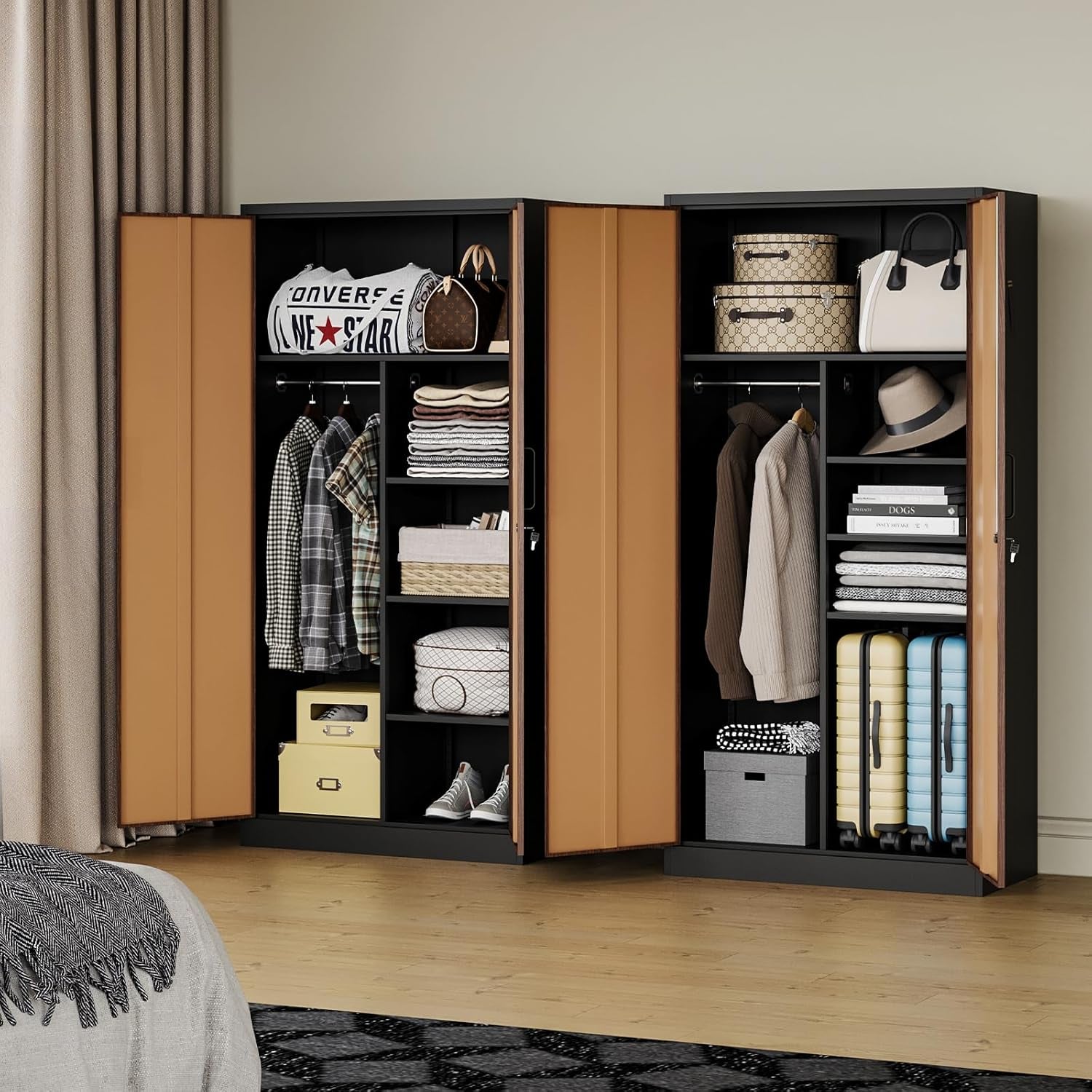 Metal Wardrobe Cabinet with Locking Doors, Metal Storage Armoire Closet for Clothing, 2 Door Woodgrain Locker Cabinet with Adjustable Shelves for Bedroom, Locker Room, Home Office and Garage…