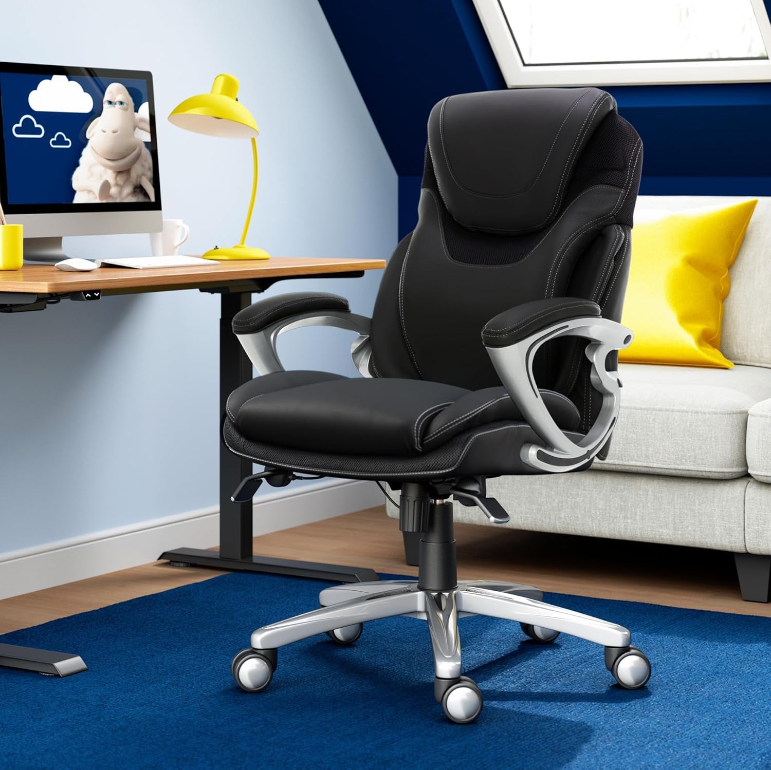 Bryce Executive Office Chair, Ergonomic Computer Deskchairs with Patented AIR Lumbar Support, Comfy Body Pillows, Height Adjustable, Swivel Base with Wheels, Bonded Leather, Black
