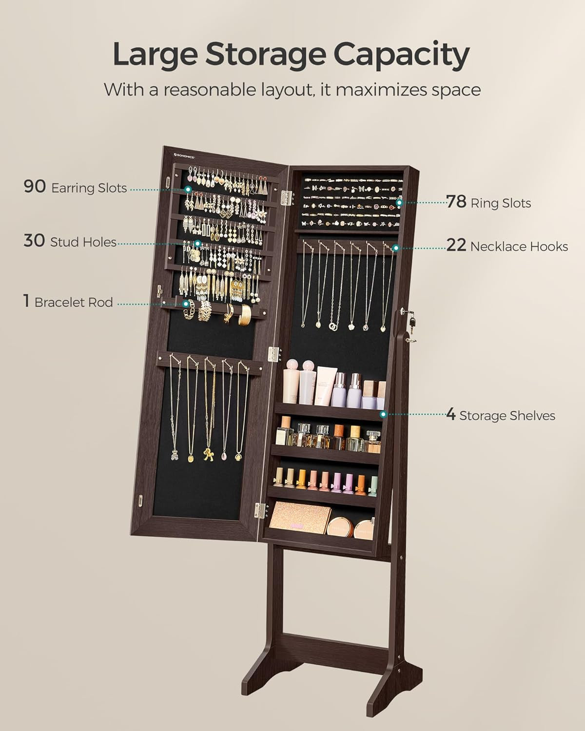 Mirror Jewelry Cabinet Armoire, Standing Full-Length Mirror, Lockable Jewelry Organizer, Gift Idea, Brown Surface and Black Lining UJJC69BR