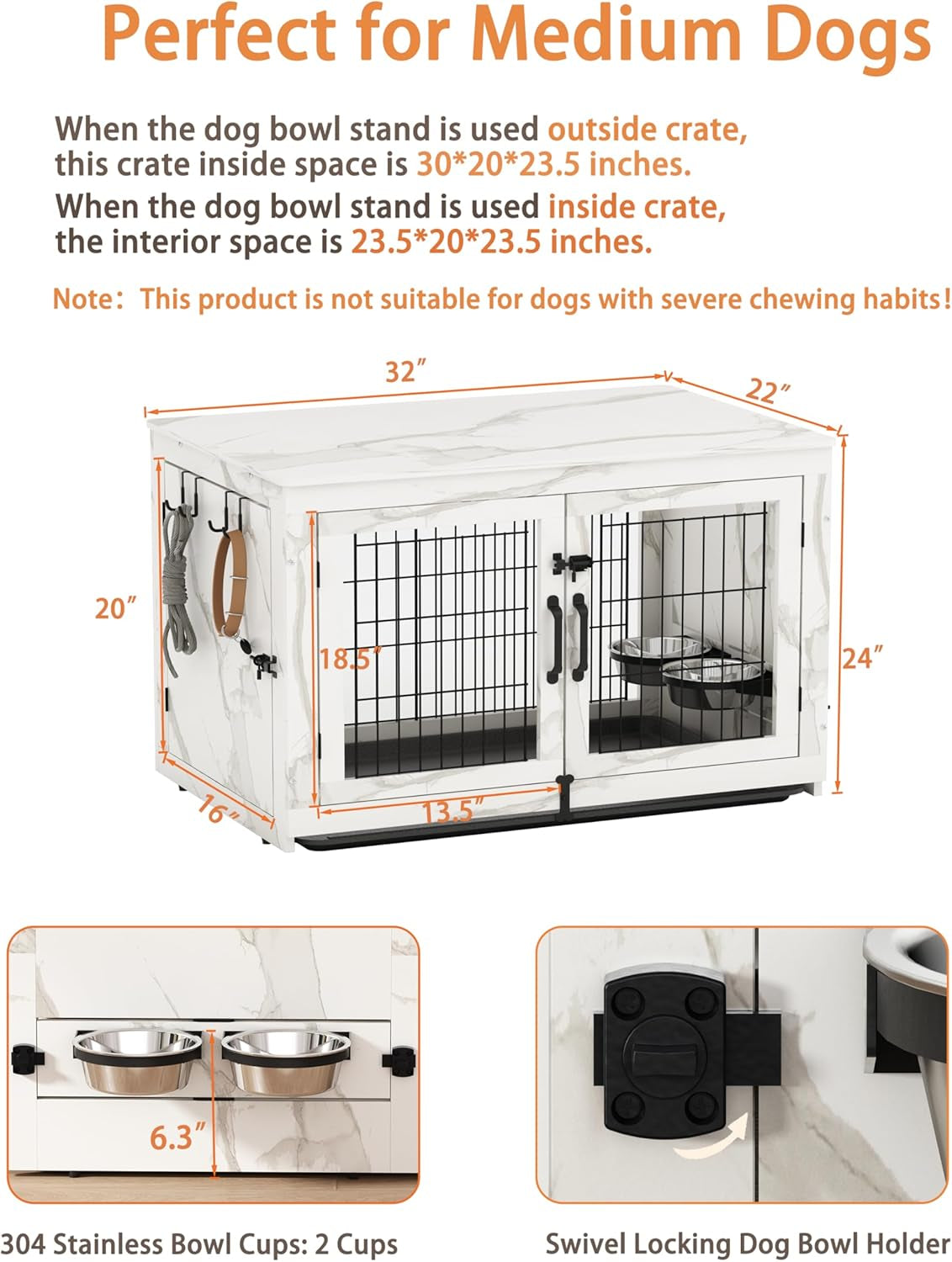Wooden Dog Crate Furniture with 360°Rotatable Removable Dog Bowls, Dog Crate End Table with Tray, Double Doors Dog Kennels for Dogs(M:31.8" L*22.1" W*24.1" H,Marble White)