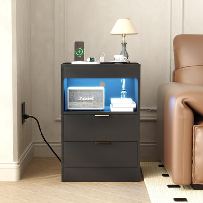 Night Stand, Bedside Table, LED Nightstand with Charging Station, Modern Night Stand, Wood Sofa Couch End Side Table with 2 Pull-Out Shelf (Black)