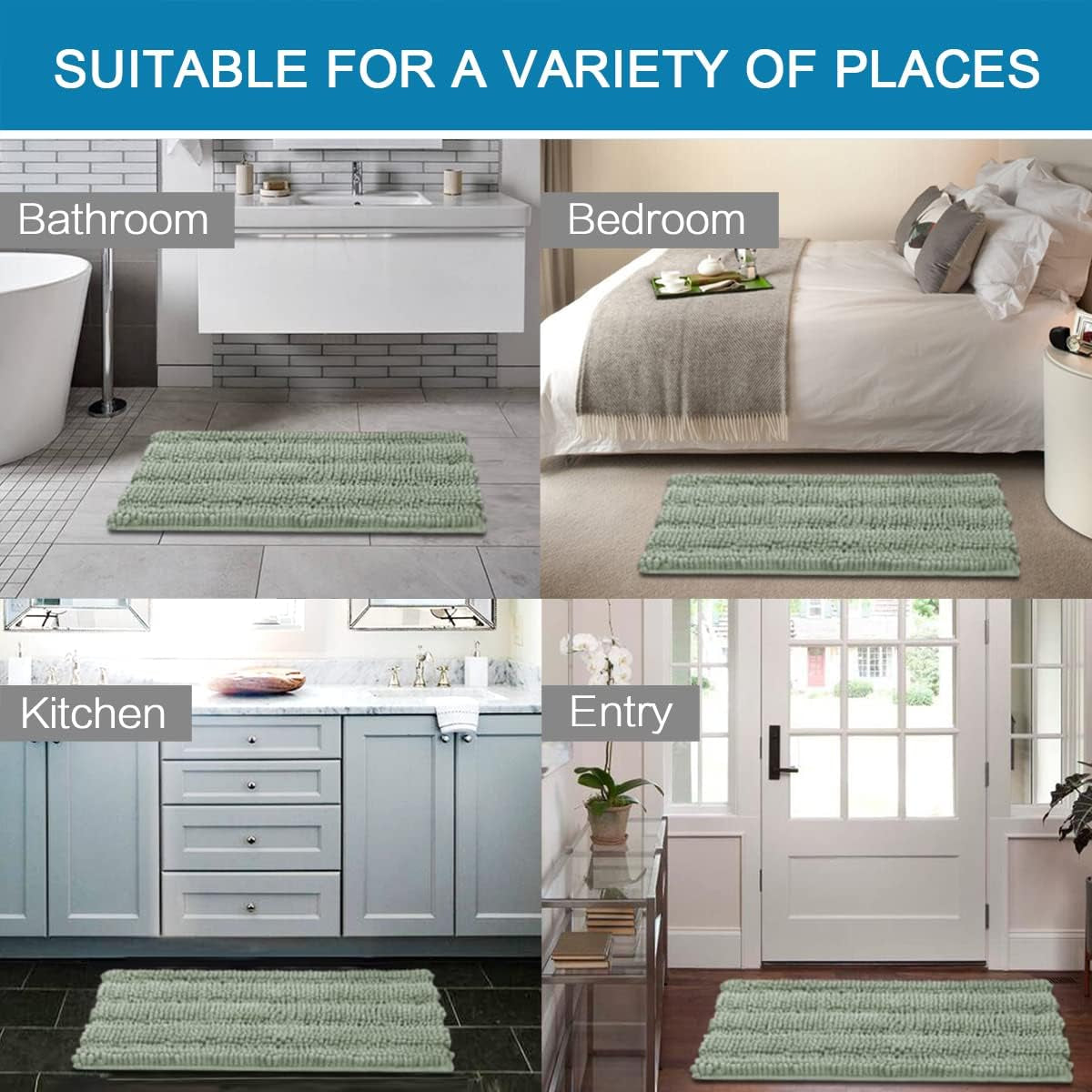 Sage Bathroom Rugs, Bath Mat Set of 2 Extra Thick Chenille Striped Pattern Shaggy Bath Rugs for Bath Room, Non Skid Bath Mats for Bathroom Floor (32 X 20 plus 24 X 17 - Inches)