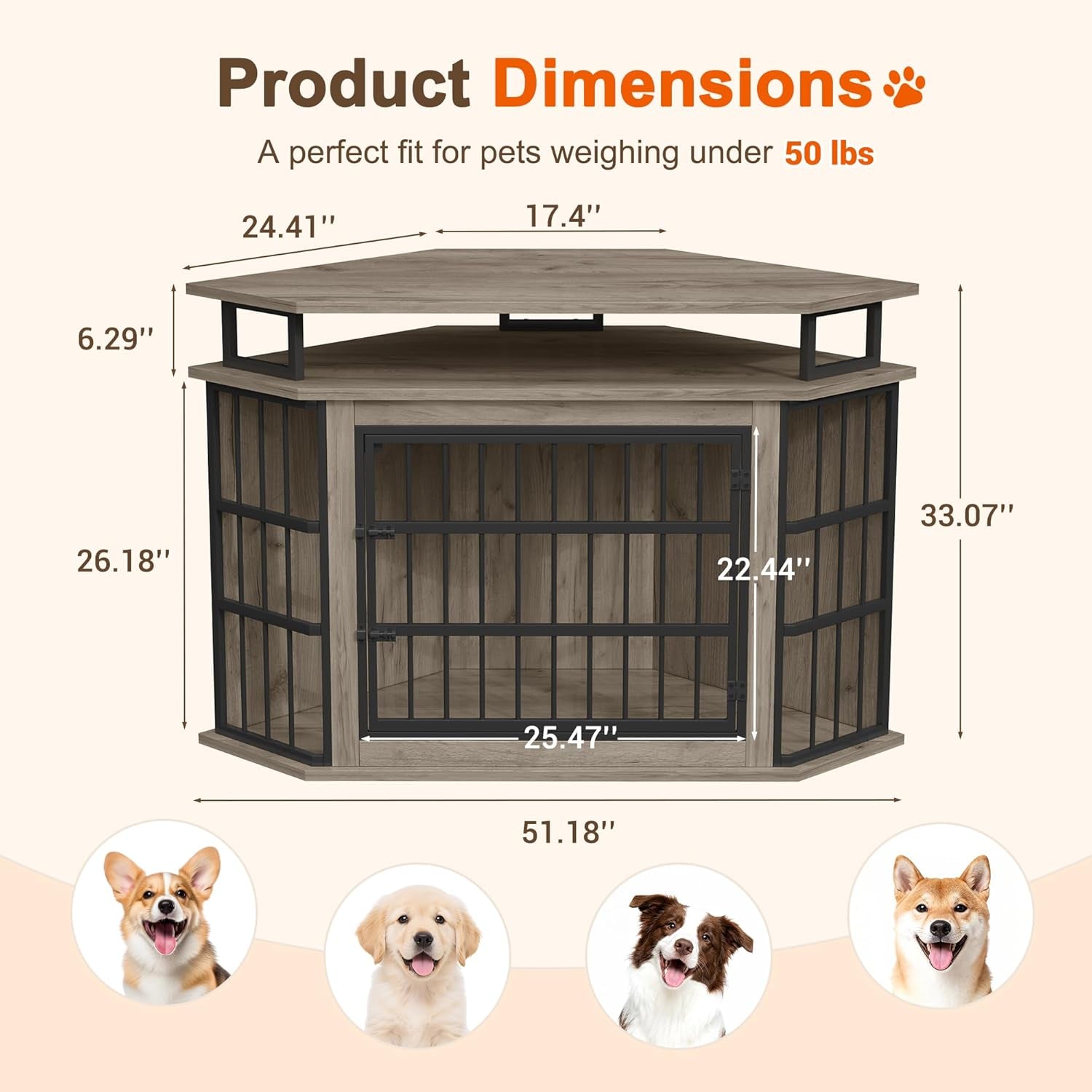Corner Dog Crate Furniture with 2-Tier Shelves，51" Large Dog Kennel Indoor Wooden TV Stand, Modern Dog Cage Decorative Pet House