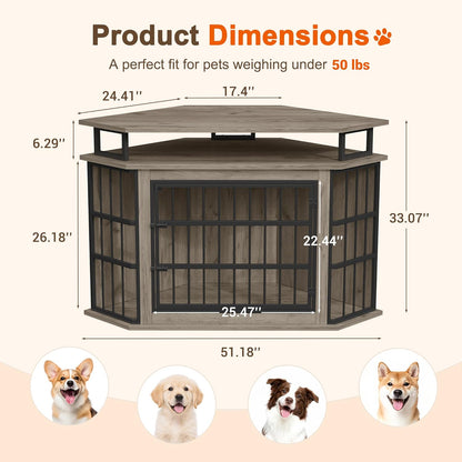 Corner Dog Crate Furniture with 2-Tier Shelves，51" Large Dog Kennel Indoor Wooden TV Stand, Modern Dog Cage Decorative Pet House
