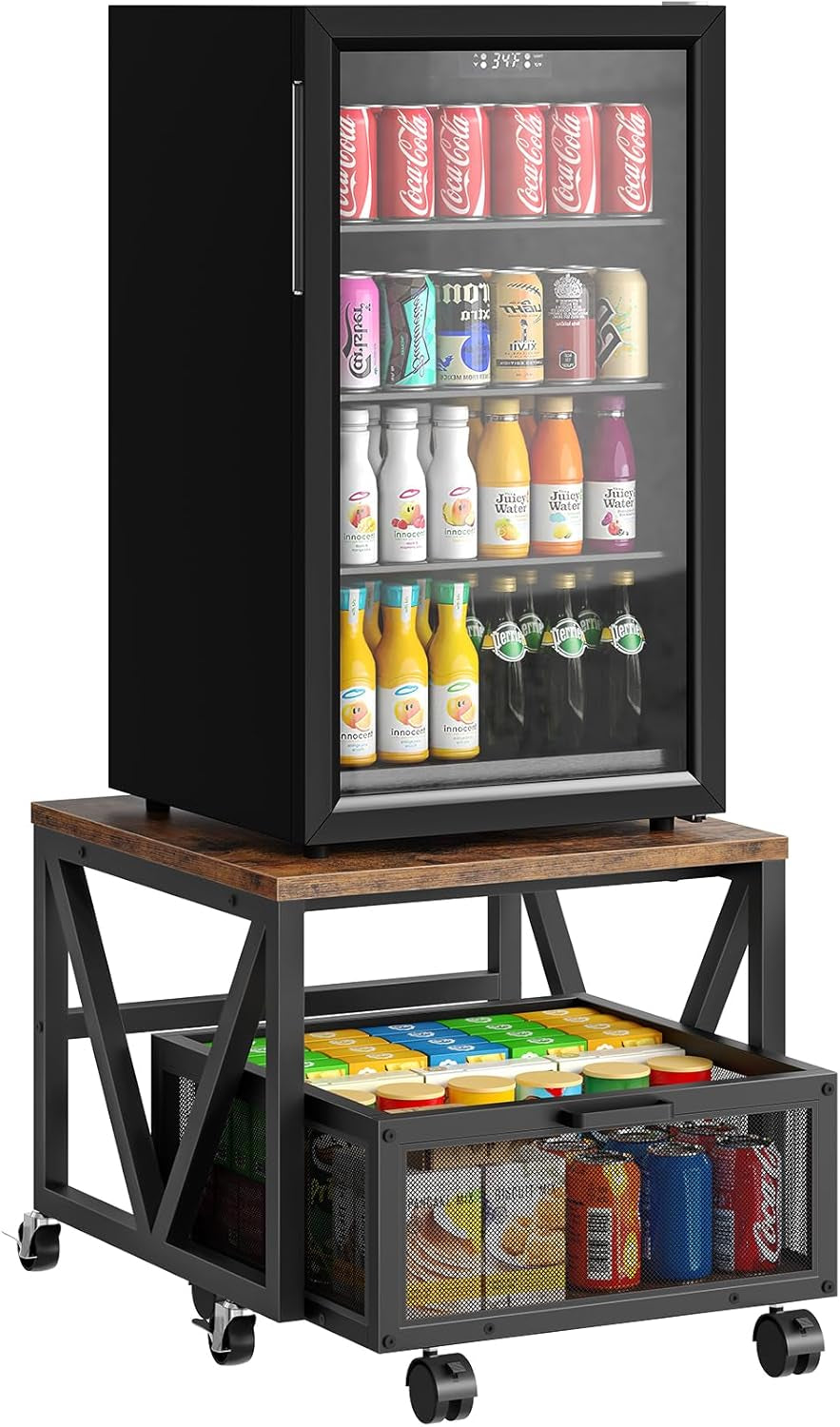 Mini Fridge Stand with Movable Storage Basket and Wheels, Mini Fridge Cabinet with Wheels, Sturdy Metal Frame, for Home, Office, Dorm, Rustic Brown and Black BF255TL01