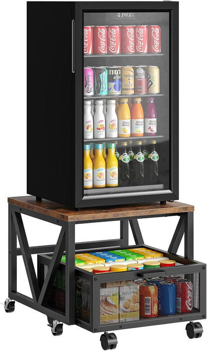Mini Fridge Stand with Movable Storage Basket and Wheels, Mini Fridge Cabinet with Wheels, Sturdy Metal Frame, for Home, Office, Dorm, Rustic Brown and Black BF255TL01