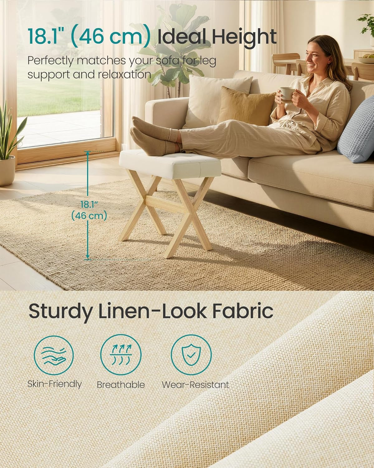 Makeup Stool, Padded Vanity Stool, Foot Rest, Solid Wood X Legs, for Bedroom, Closet, Entryway, 12.6 X 16.5 X 18.1 Inches, Summer Sand and Natural Beige ULSF006LF02