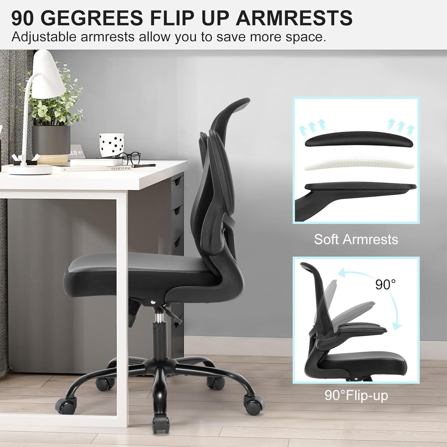 Office Chair, Ergonomic Desk Chair with Flip-Up Armrests, PU Leather Computer Chair Home Office Desk Chairs with Lumbar Support, Mesh Swivel Executive Chair Rolling Task Chair, Black