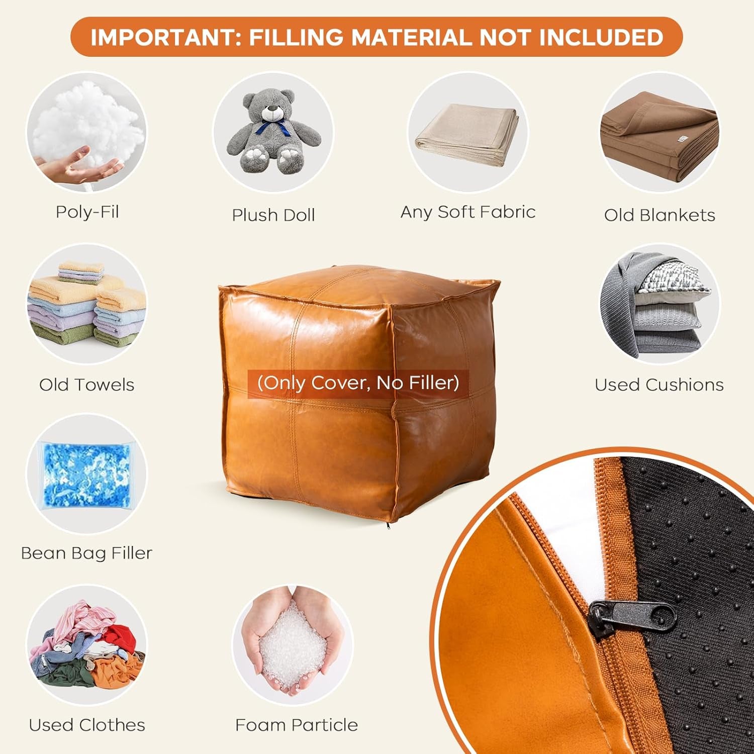 Unstuffed Pouf Ottoman Cover (Only Cover No Filler), 17.7X17.7 Inch Faux Leather Moroccan Poofy Ottomans Cover, Footrest Square White Footstool with Storage Waterproof Easy Cleaning for Living Room