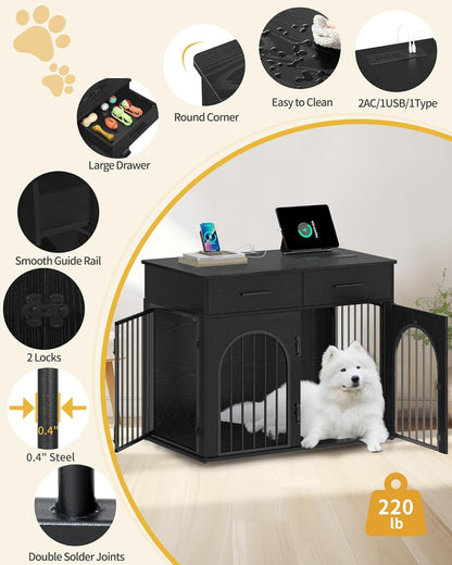39.4'' Large Dog Crate Furniture with 2 Storage Drawers, Heavy Duty Dog Kennel Indoor with Charging Station, Wooden Dog Cage End Table Kennel for Medium/Large Dogs, White Brown DFC84214B