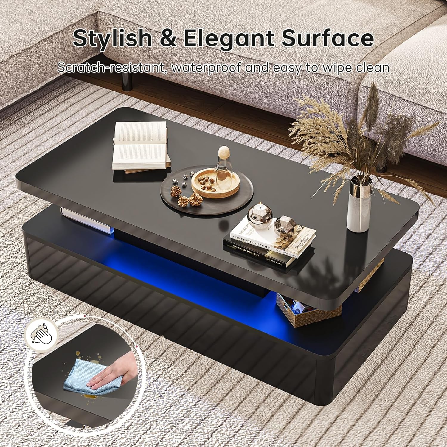 Modern LED Coffee Table, 40" Living Room Tables with 16 Colors LED Lights, Double-Layer Design, Stylish Coffee Tables for Living Room, Black