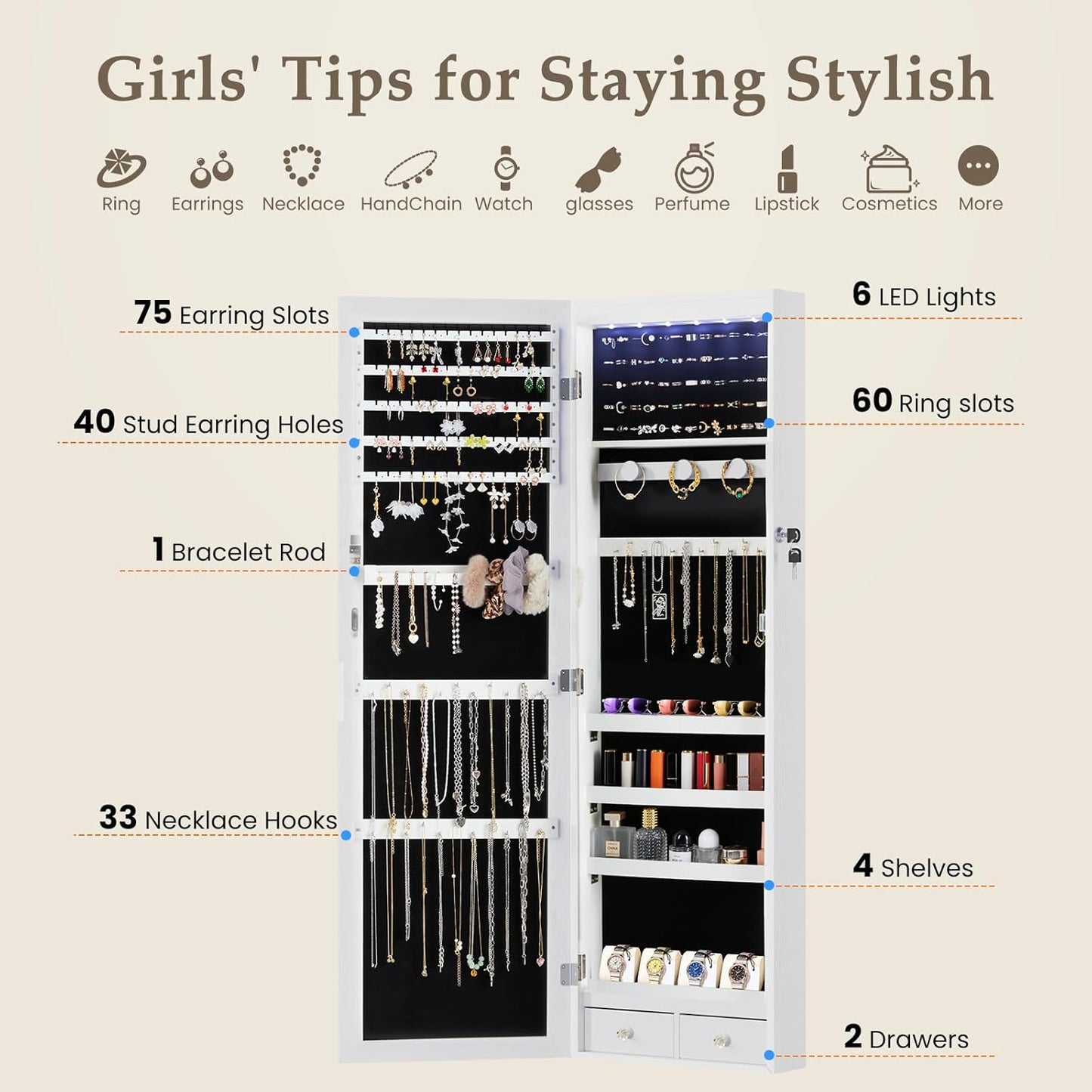 6 Leds Mirror Jewelry Cabinet, Wall or Door Mounted Jewelry Organizer, 47.2-Inch Tall Lockable Large Capacity Cosmetic Storage, Gift Idea, White