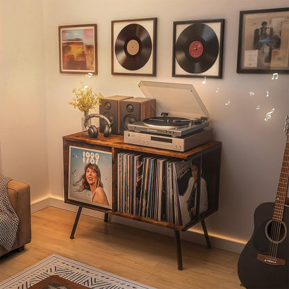 Flip Top Record Player Stand, Large Record Player Table with Open Storage Holds up to 150+ Albums, Mid Century Turntable Stand, Stereo Cabinet for Speakers, for Living Room, Bedroom, Rustic