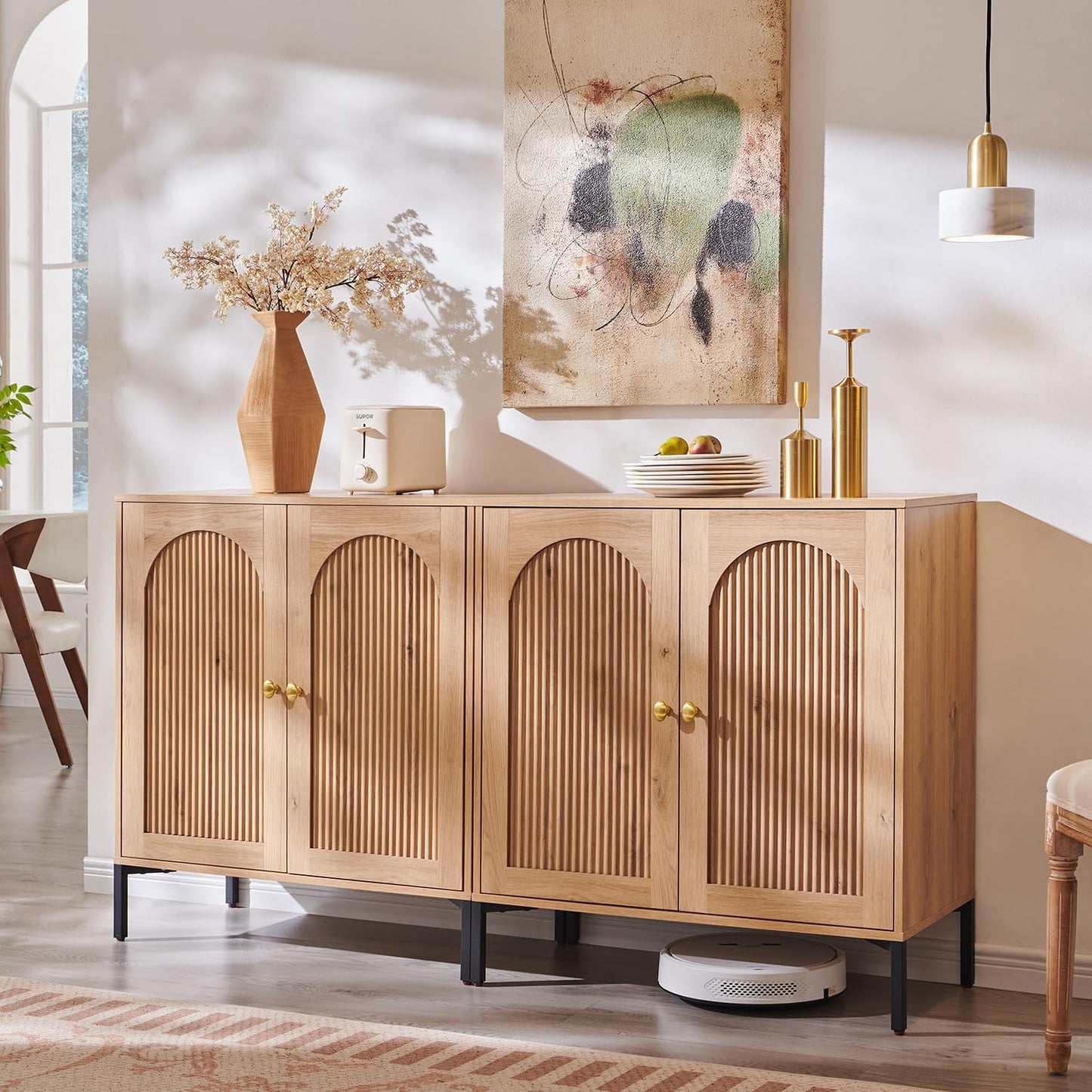 Modern Buffet Cabinet with Storage, 61.75" W Fluted Arched Sideboard Cabinet W/Adjustable Shelves, Wooden Modular Coffee Bar for Dining Room, Kitchen, Living Room, Entryway, Natural