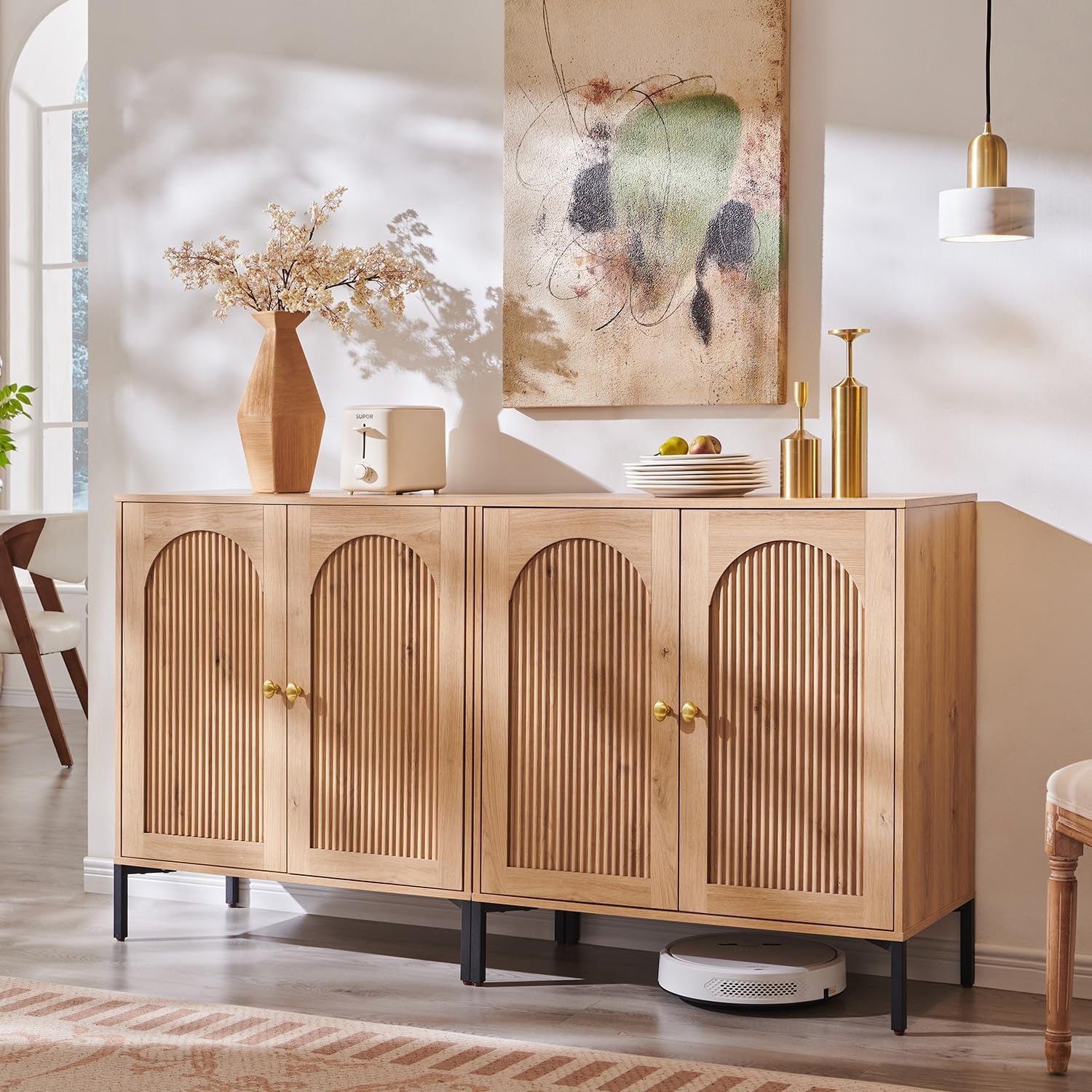 Modern Buffet Cabinet with Storage, 61.75" W Fluted Arched Sideboard Cabinet W/Adjustable Shelves, Wooden Modular Coffee Bar for Dining Room, Kitchen, Living Room, Entryway, Natural