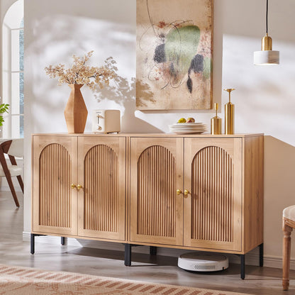 Modern Buffet Cabinet with Storage, 61.75" W Fluted Arched Sideboard Cabinet W/Adjustable Shelves, Wooden Modular Coffee Bar for Dining Room, Kitchen, Living Room, Entryway, Natural