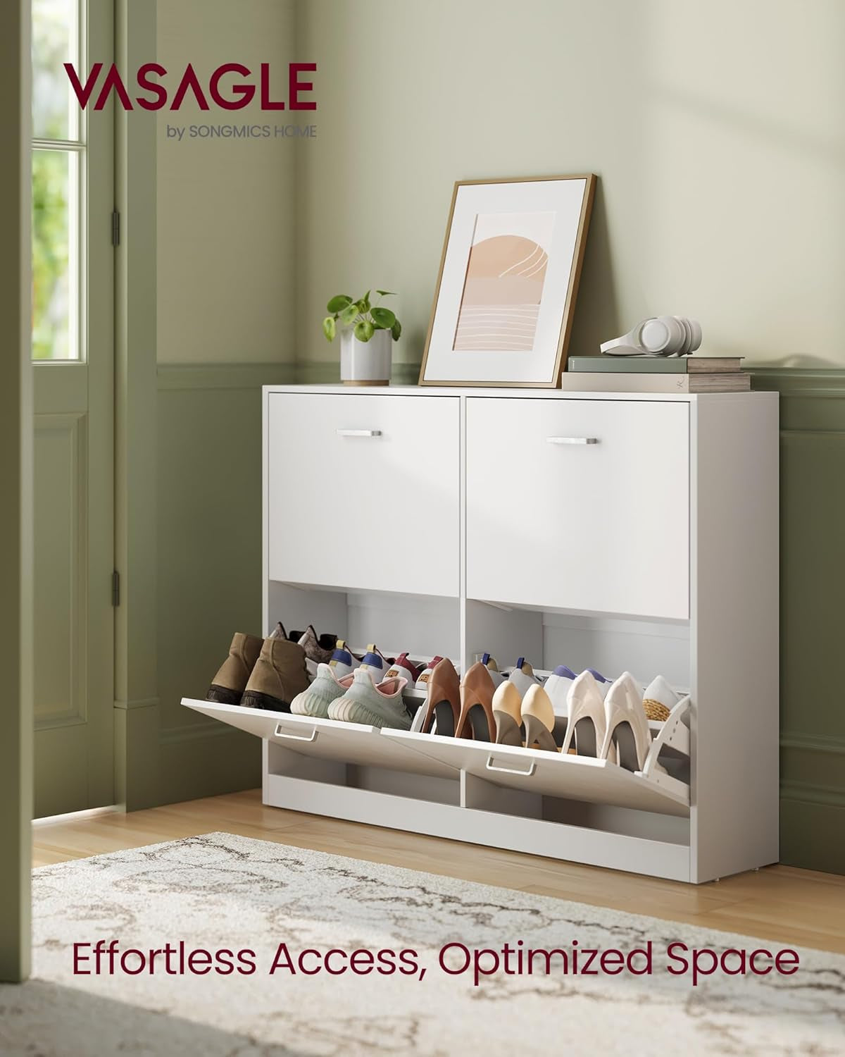 Shoe Cabinet with 4 Flip Doors, Storage Cabinet for 16-28 Pairs of Shoes, Adjustable Dividers, for Entryway, 9.4 X 41.5 X 32.6 Inches, Snow White ULBC035W01