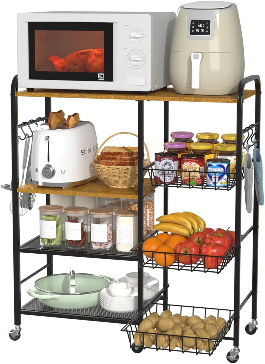 Rolling Kitchen Microwave Cart - 4 Tier Microwave Table Stand with Pull-Out Baskets, Coffee Bar Baker'S Rack with Wheels Rolling Storage Cart Organizer Shelf for Living Room Office, Balcony
