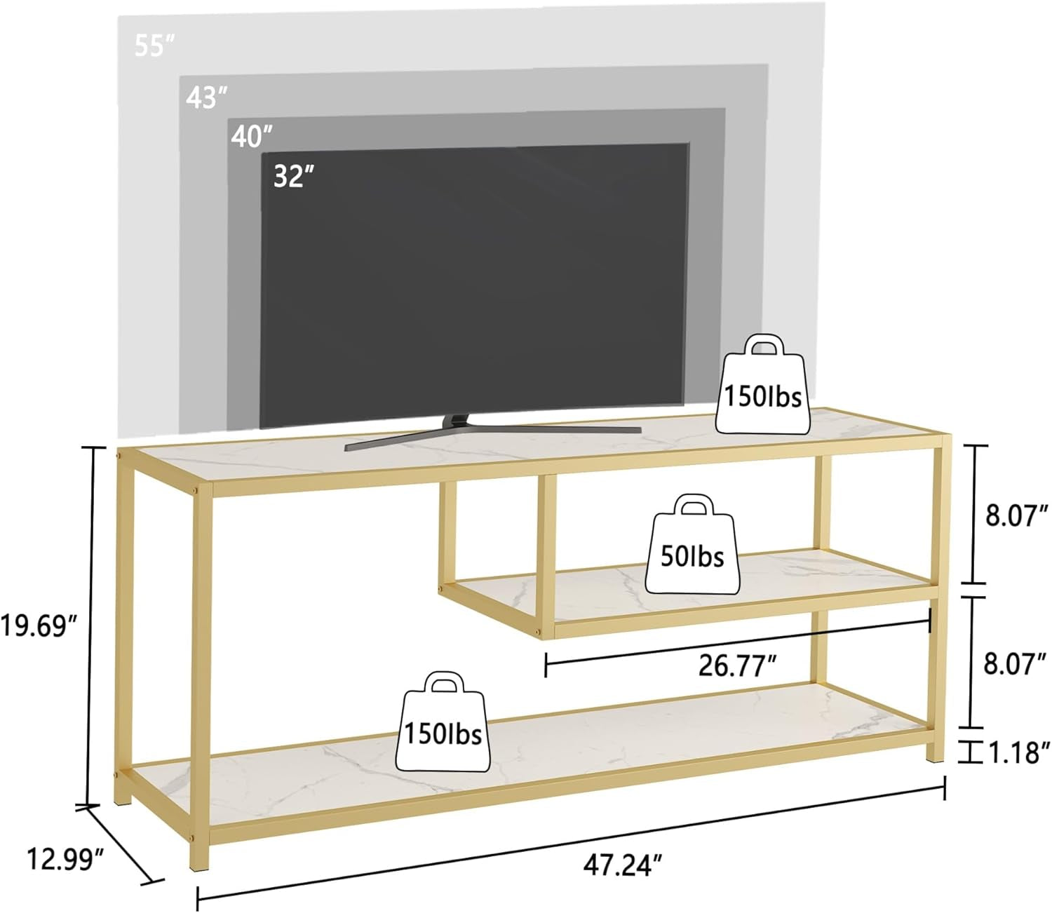 TV Stand for Tvs up to 55 Inch, 3 Tier Entertainment Center, Media Console with Open Storage Shelves for Living Room Bedroom, 47” Modern TV Table with Faux Marble Top Gold Metal Leg