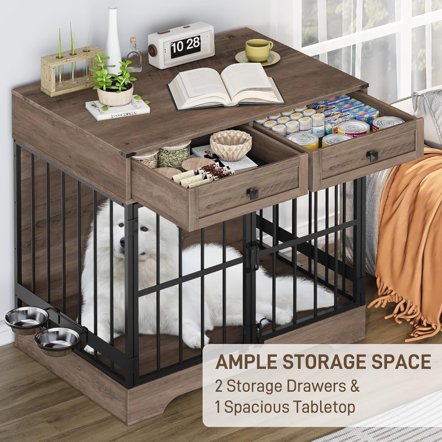 Dog Crate Furniture, 35 Inch Dog Kennel Indoor Furniture with Storage Drawers Rustic Pet Cage End Table with 2 Adjustable Bowls for Small/Medium/Large Dogs