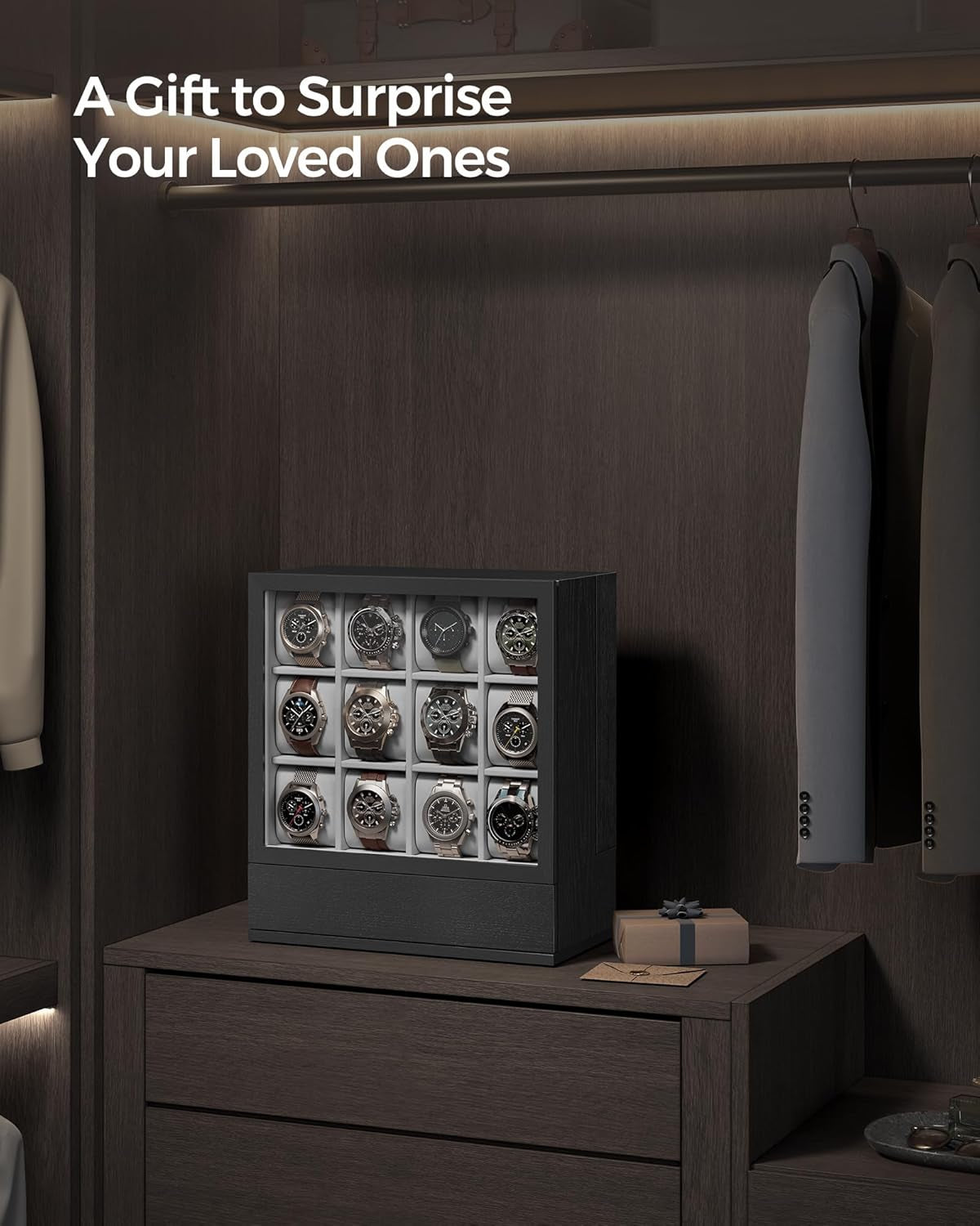 12-Slot Watch Box, Watch Display Case with Window, Solid Wood Veneer, Velvet Lining, Vertical Storage, Space Saving, Gift Idea, Ebony Black UJOW014B01